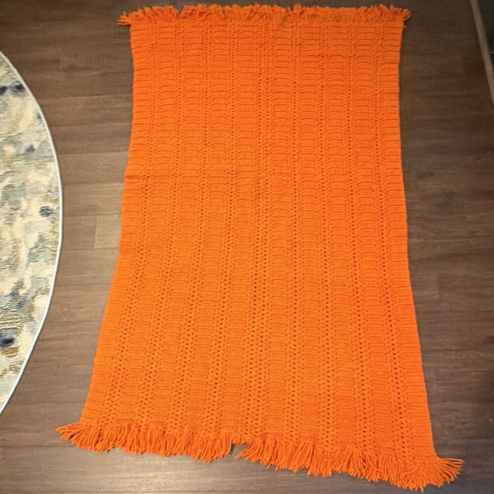 Handmade Crochet Orange Fringed Sofa Throw Blanket Rectangle Solid - Picture 3 of 4